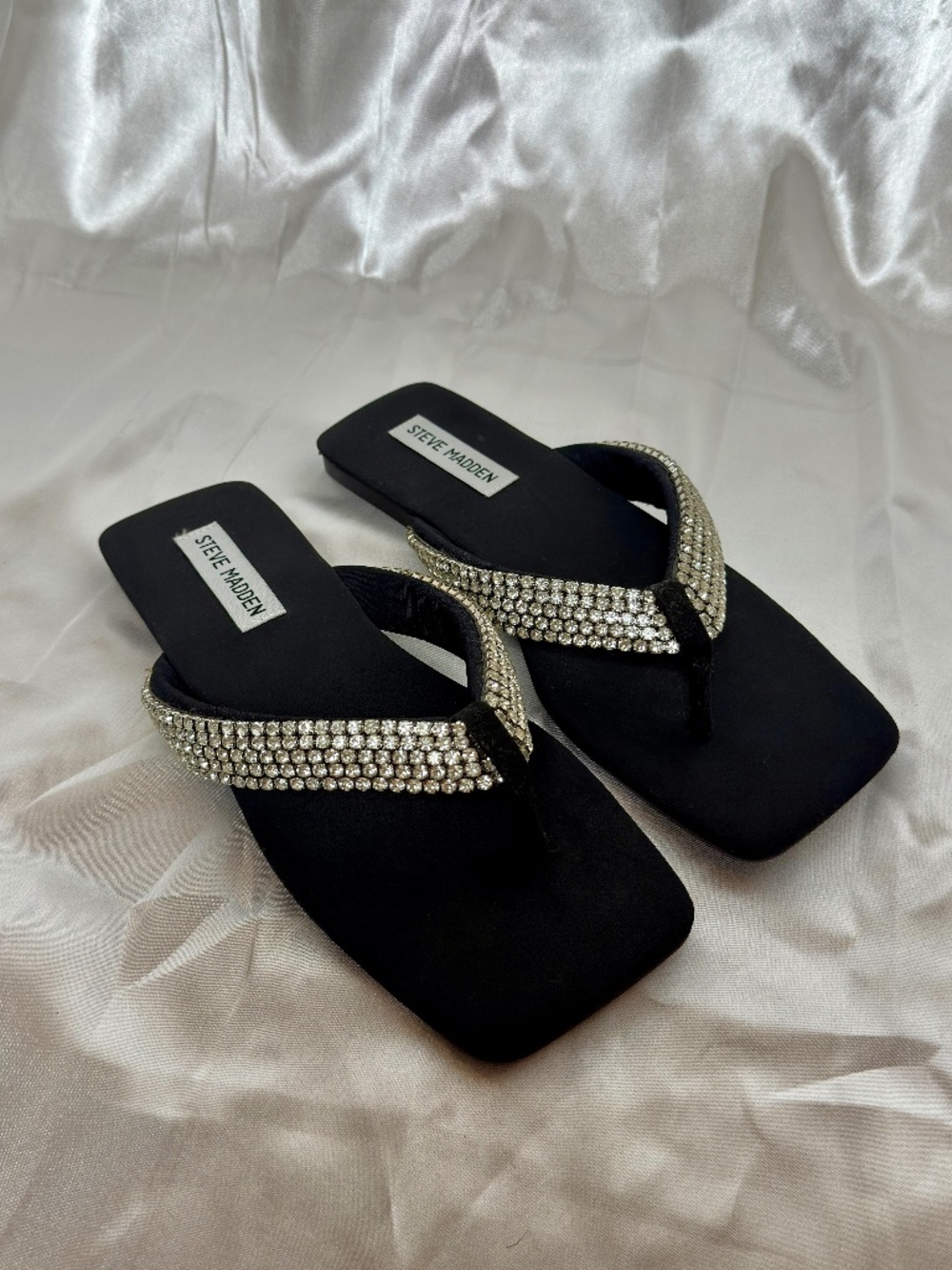 Steve Madden Rhinestone Embellished Square Toe Thong Sandals